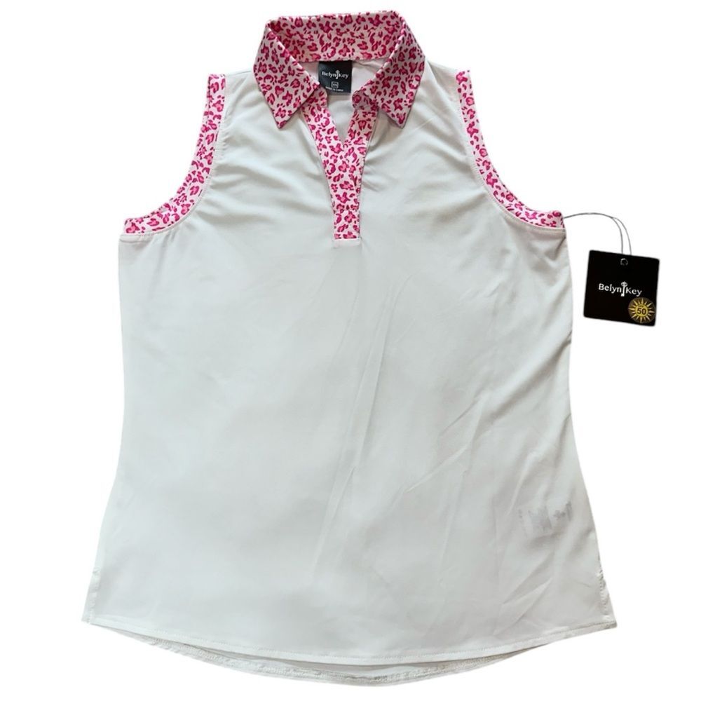 Belyn Key Sleeveless Polo Shirt Size XS NWT White Pink Golf Tennis Pickleball